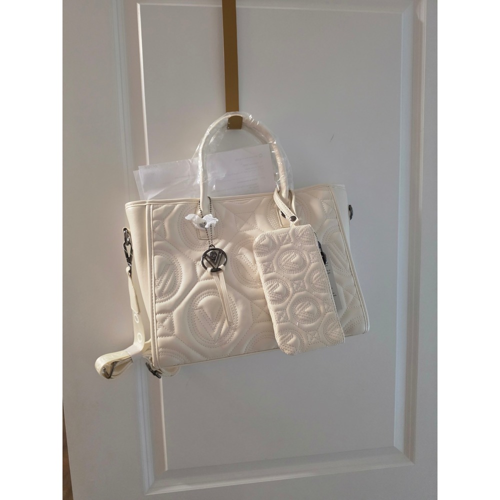 Valentino Orlandi Cream Quilted Logo Tote Bag Satchel with Pouch and Strap NEW